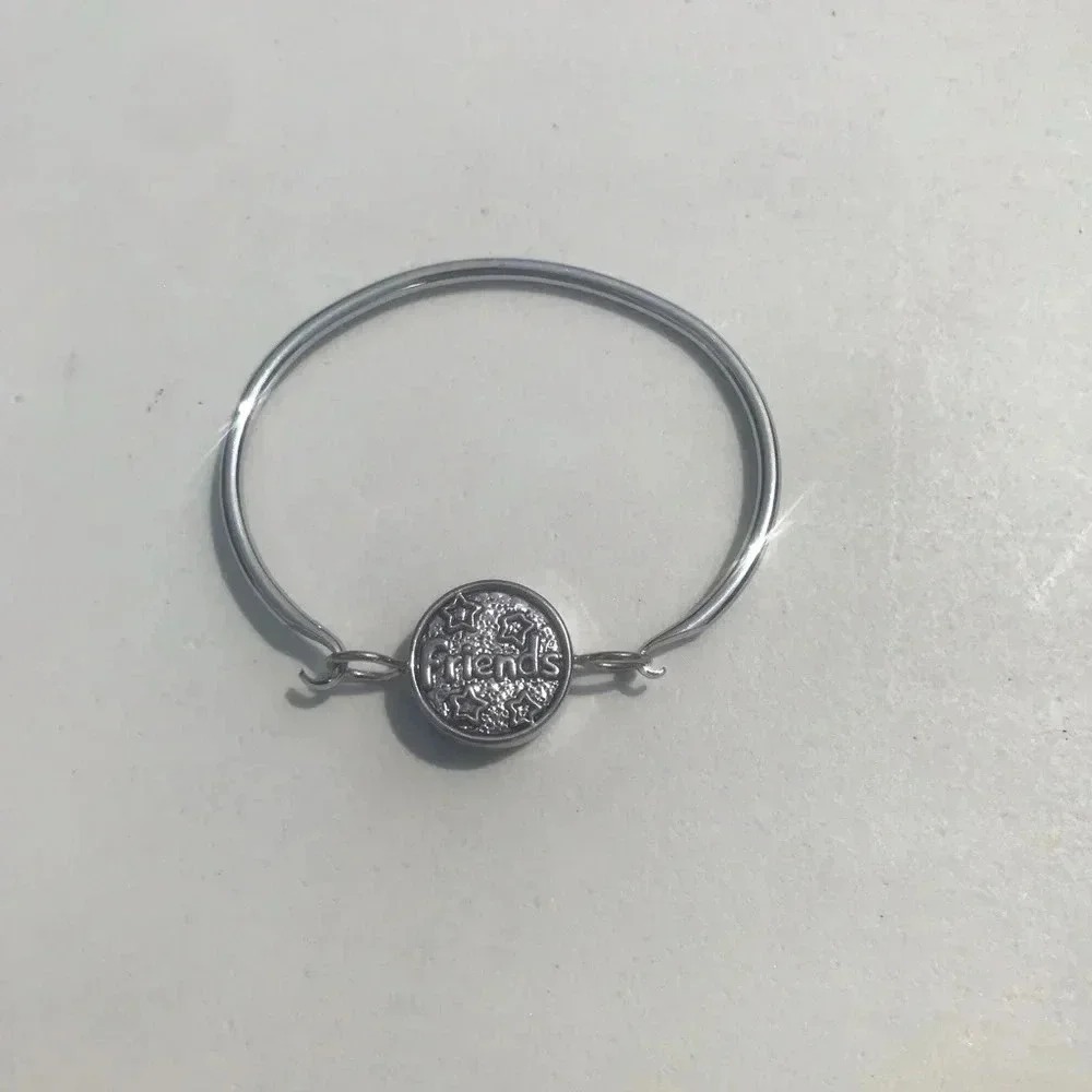Silver Tone Friends Star Embossed Bangle Bracelet Charm Jewelry